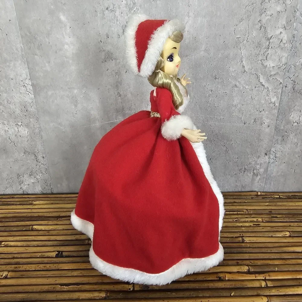 Vintage 70s Christmas Big Eye Stocking Doll Turning Music Box Silent Night AS IS